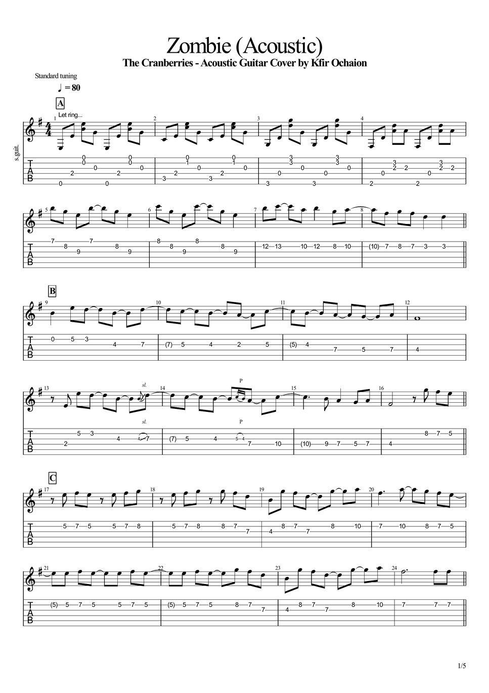 Zombie (The Cranberries) Guitar Chord Chart