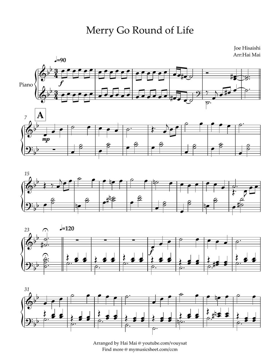 Joe Hisaishi Merry go round of life(G minor) (Easy Piano) Partition