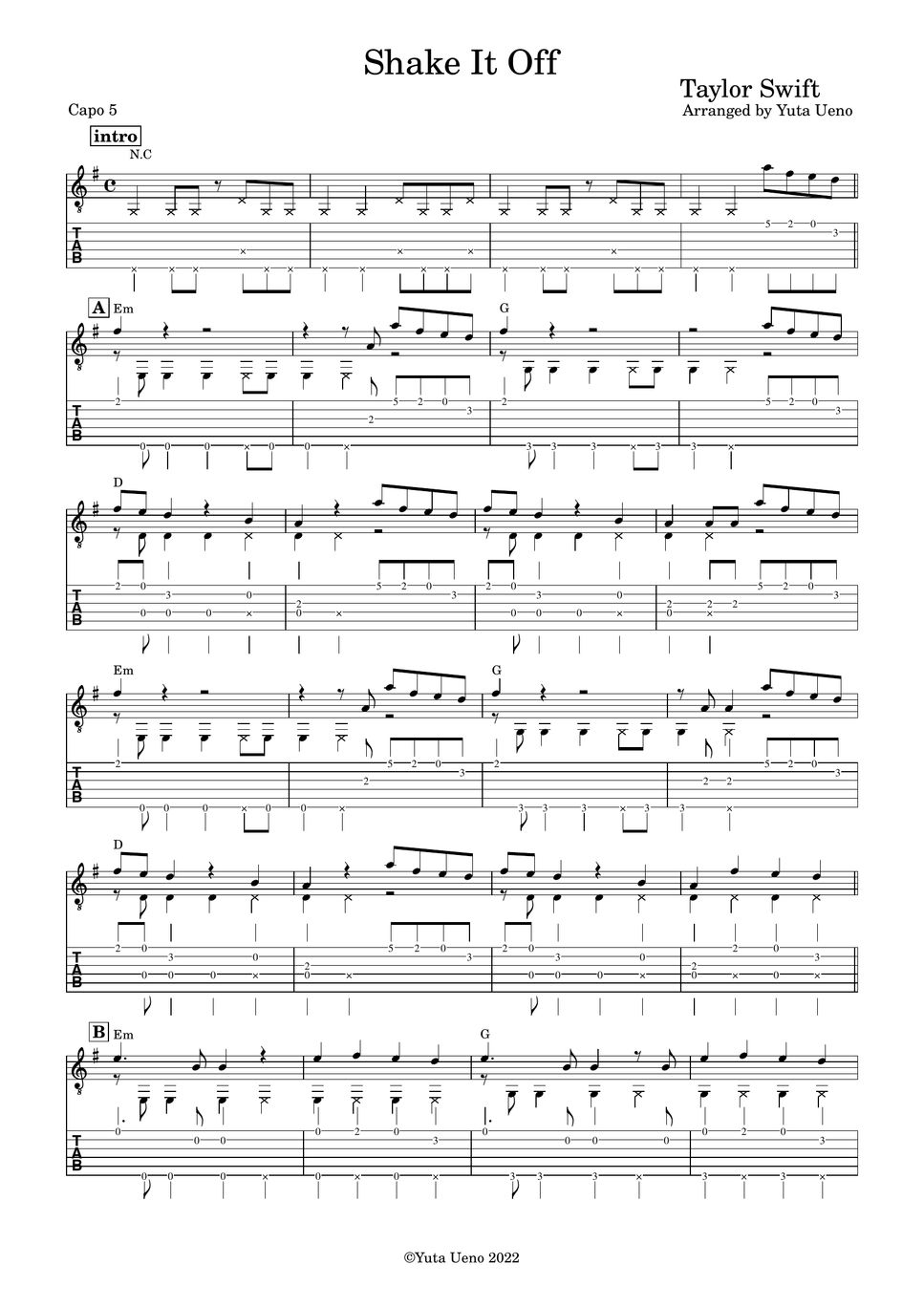 Taylor swift shake it off fingerstyle tab 1staff by yuta ueno