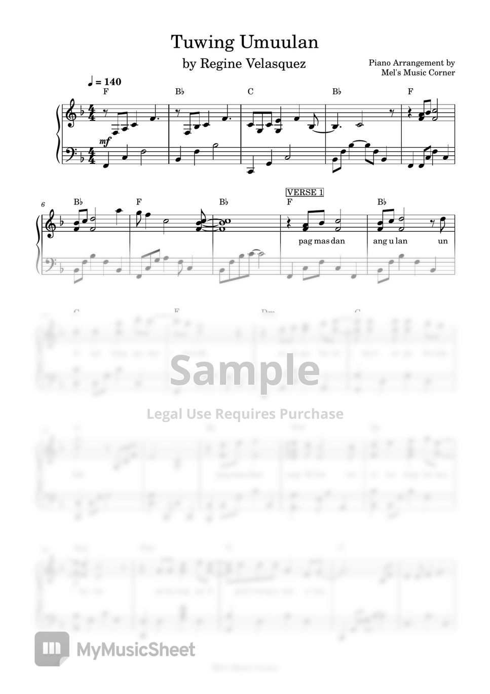 Regine Velasquez - Tuwing Umuulan (piano sheet music) by Mel's Music Corner