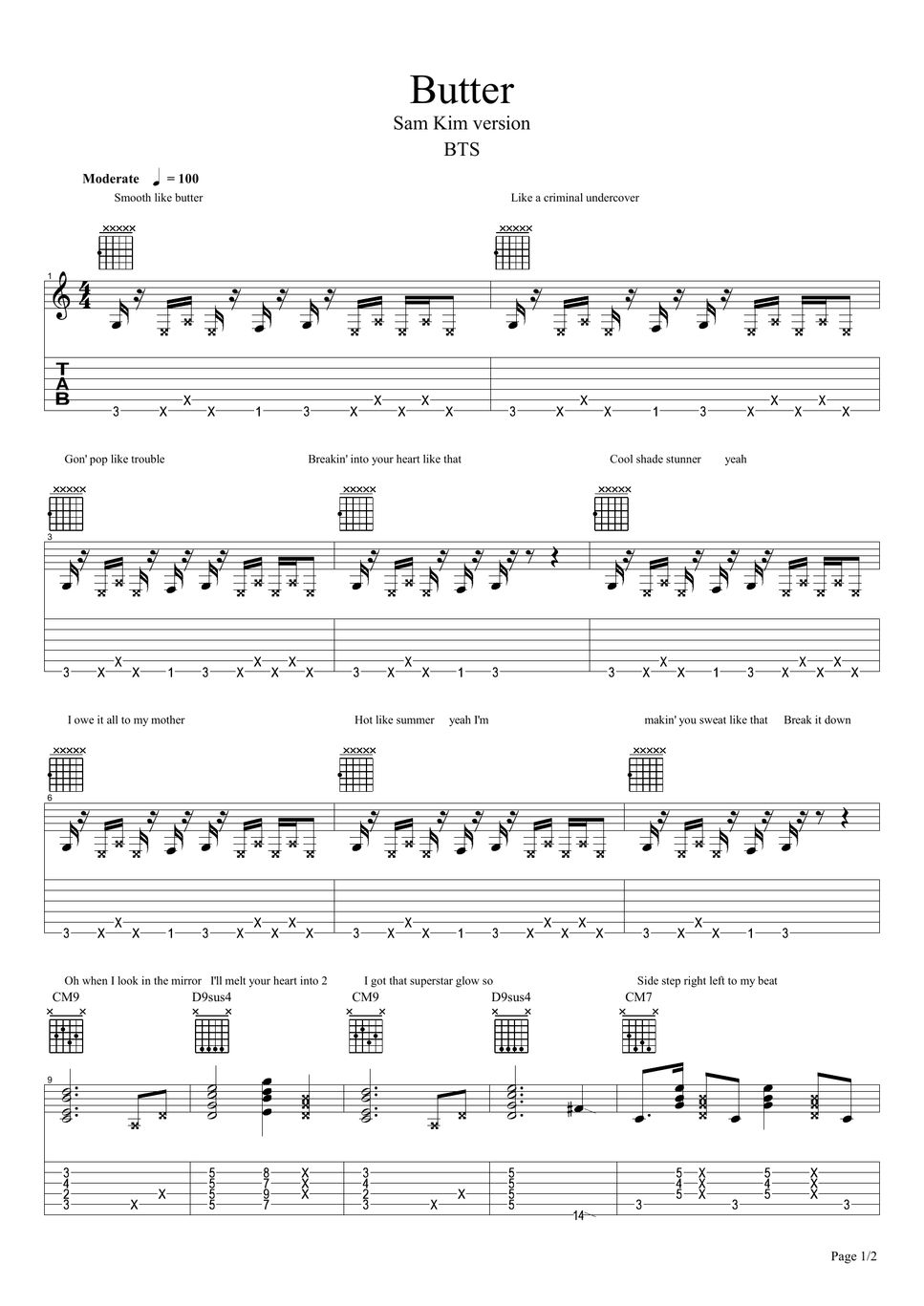 BTS Butter guitar Tab (Sam Kim version) 악보