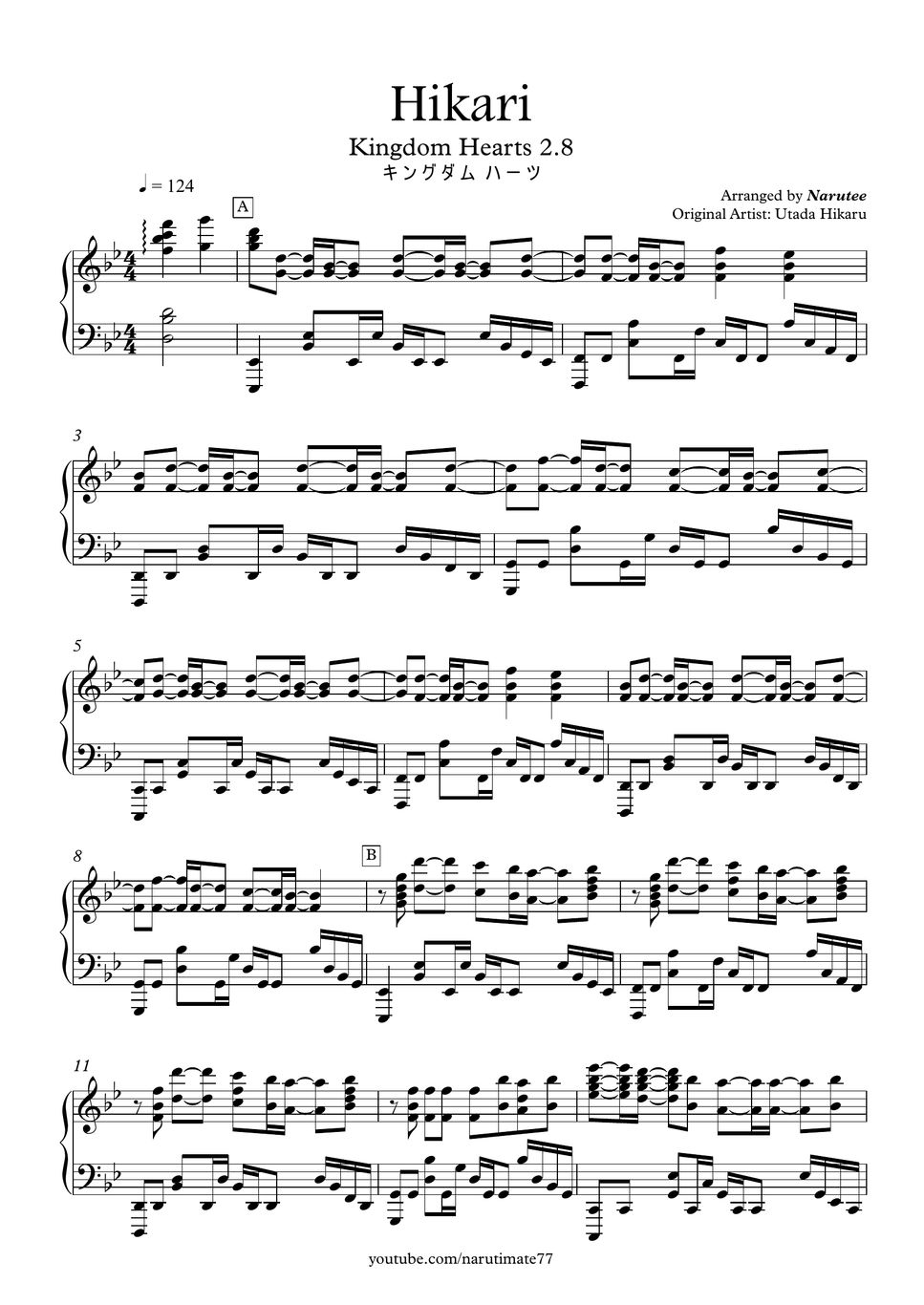 Utada hikaru kingdom hearts 2 8 hikari mix piano solo by narutee