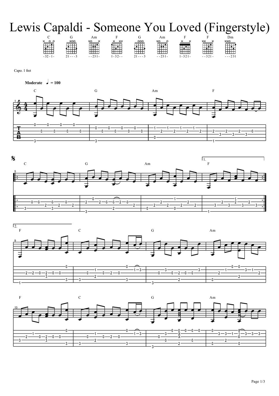 Lewis Capaldi Someone You Loved (Fingerstyle) TAB by guitarholicz