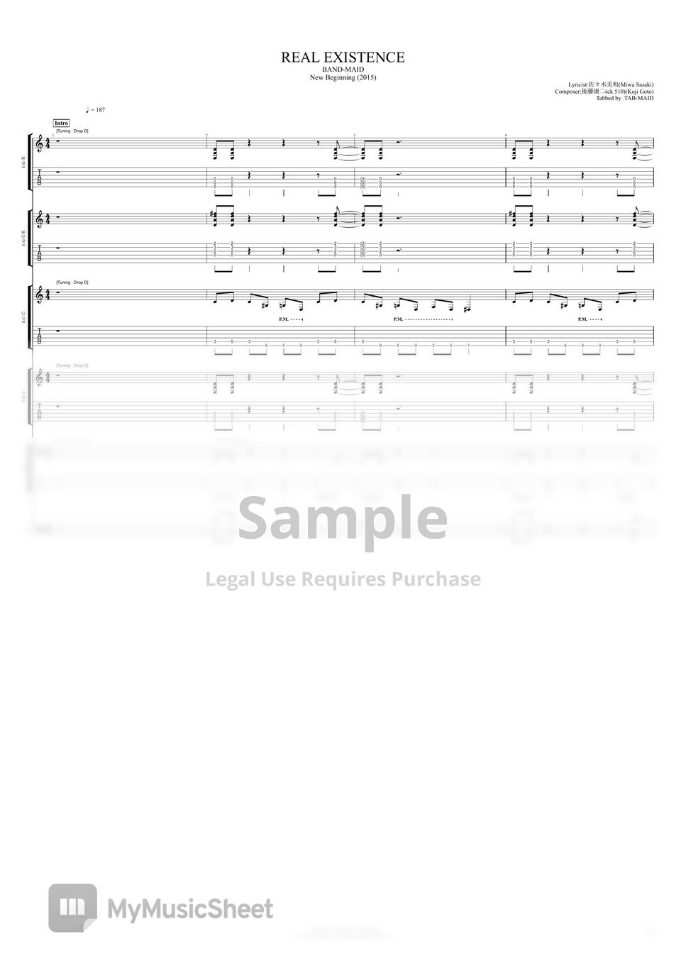 BANDMAID REAL EXISTENCE (TAB / タブ譜 / バンドスコア) Tab + 단선 악보 by TABMAID