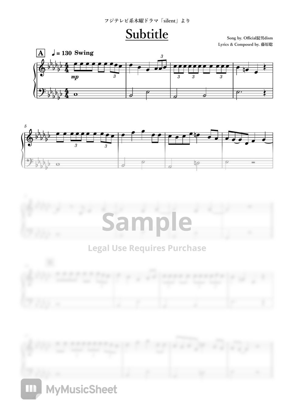 Official髭男dism Subtitle (Easy) Sheets by ちゃんRINA。