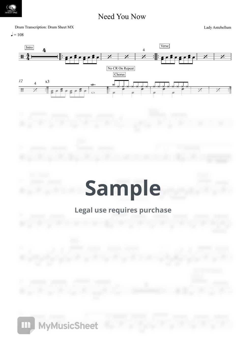 Lady Antebellum - Need You Now by Drum Transcription: Drum Sheet MX