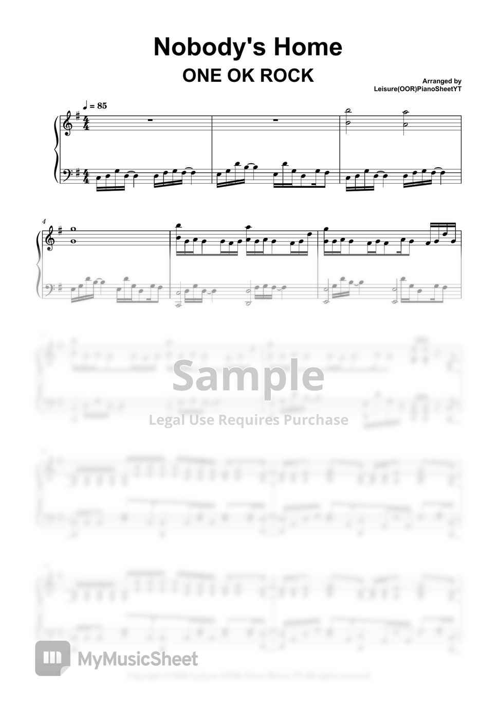 ONE OK ROCK - Nobody's Home by Leisure (OOR) Piano Sheets YT