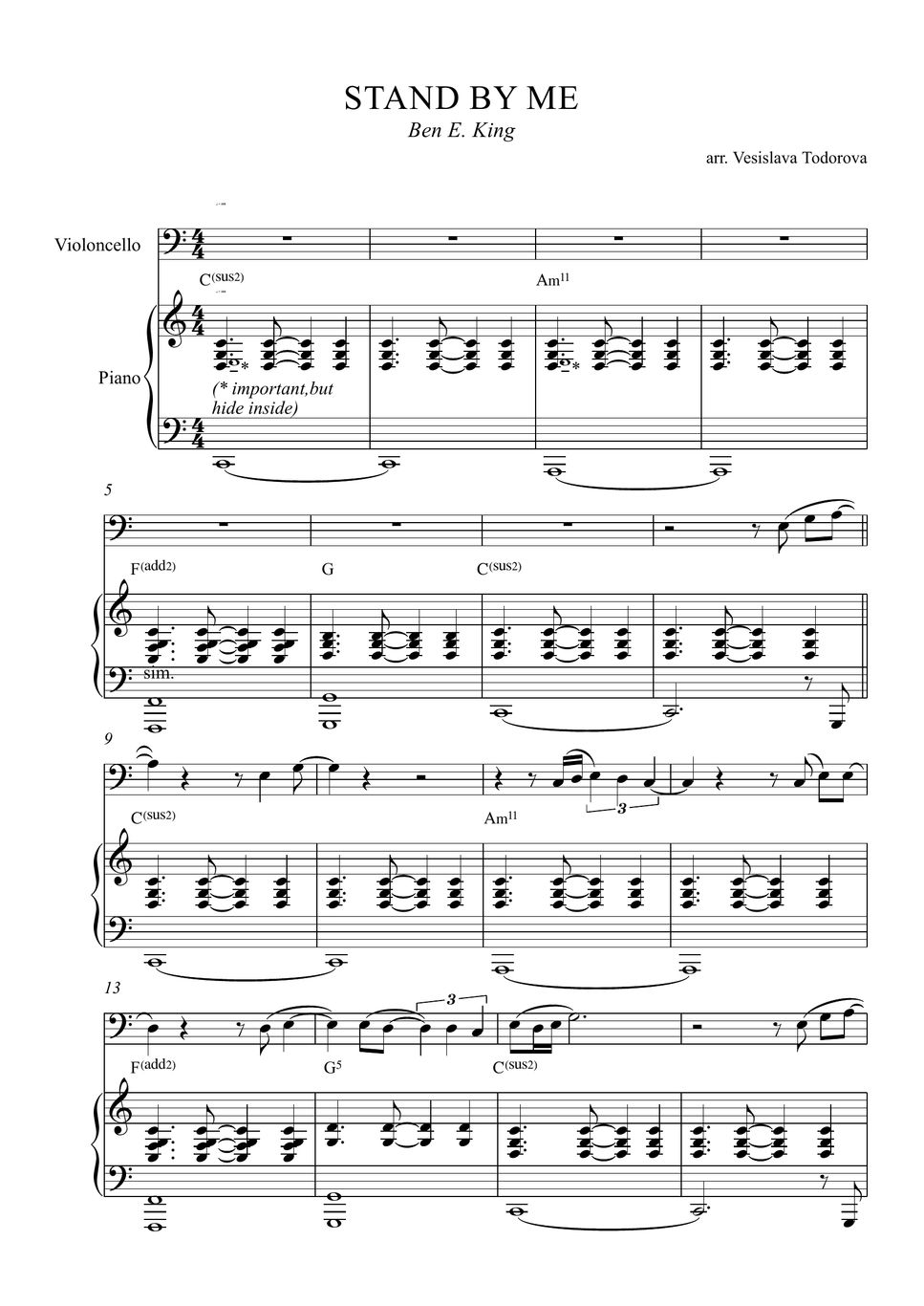 Ben E King Stand by Me Cello & Piano (Transposed to C Major) Sheet