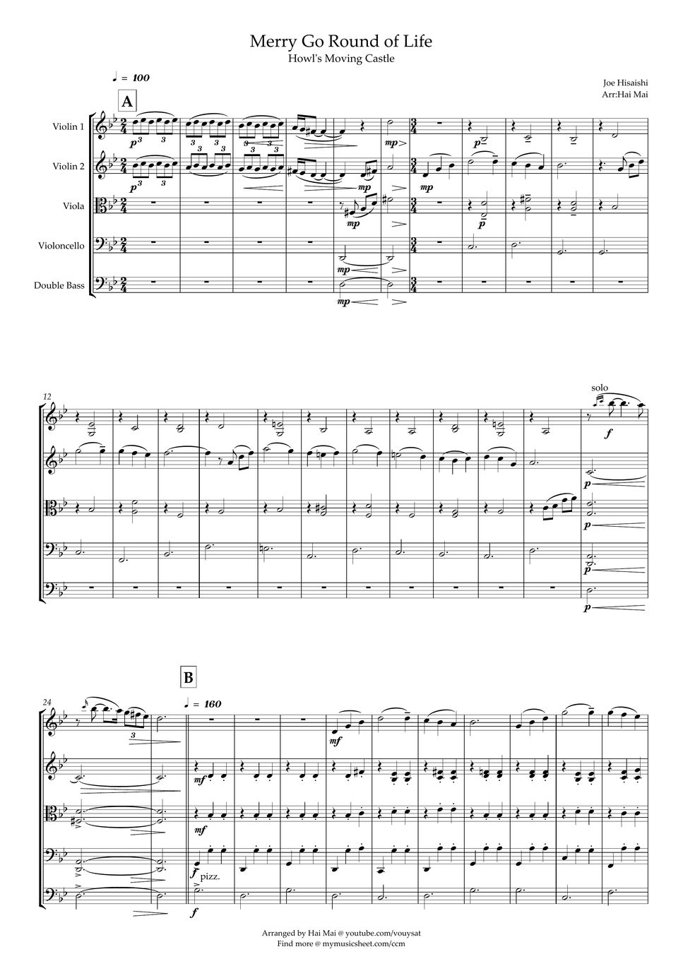 Joe Hisaishi Merry Go Round of Life for String Quintet(Howl's Moving