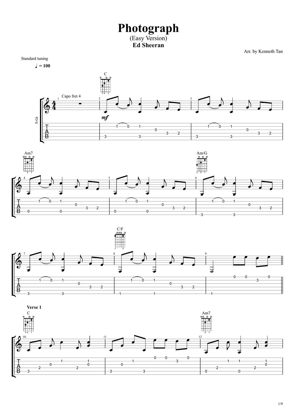 Ed Sheeran Fingerstyle Guitar Photograph (Easy Version) TAB by