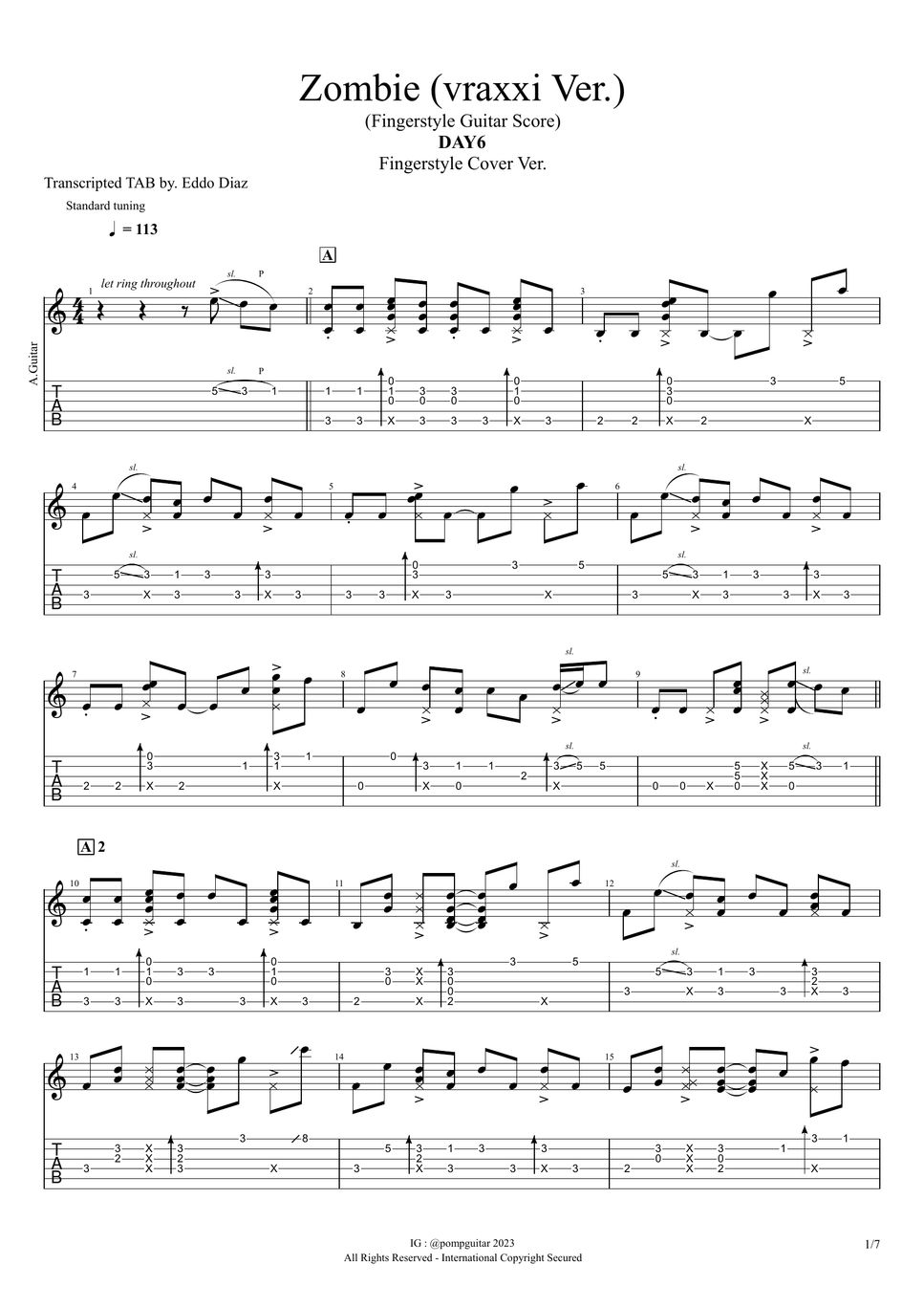 Day 6 Zombie (Vraxxi Guitar Cover) Tab + 1staff by TaeHyun Taylor Lee