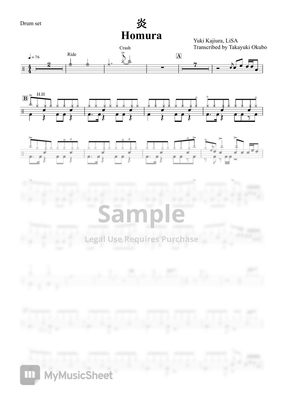 LiSA - 炎 Homura (Drum set) Sheet Music by Takayuki Okubo