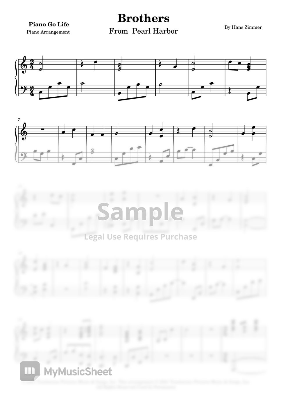 Hans Zimmer - Brothers (From Pearl Harbor) Sheets by Piano Go Life