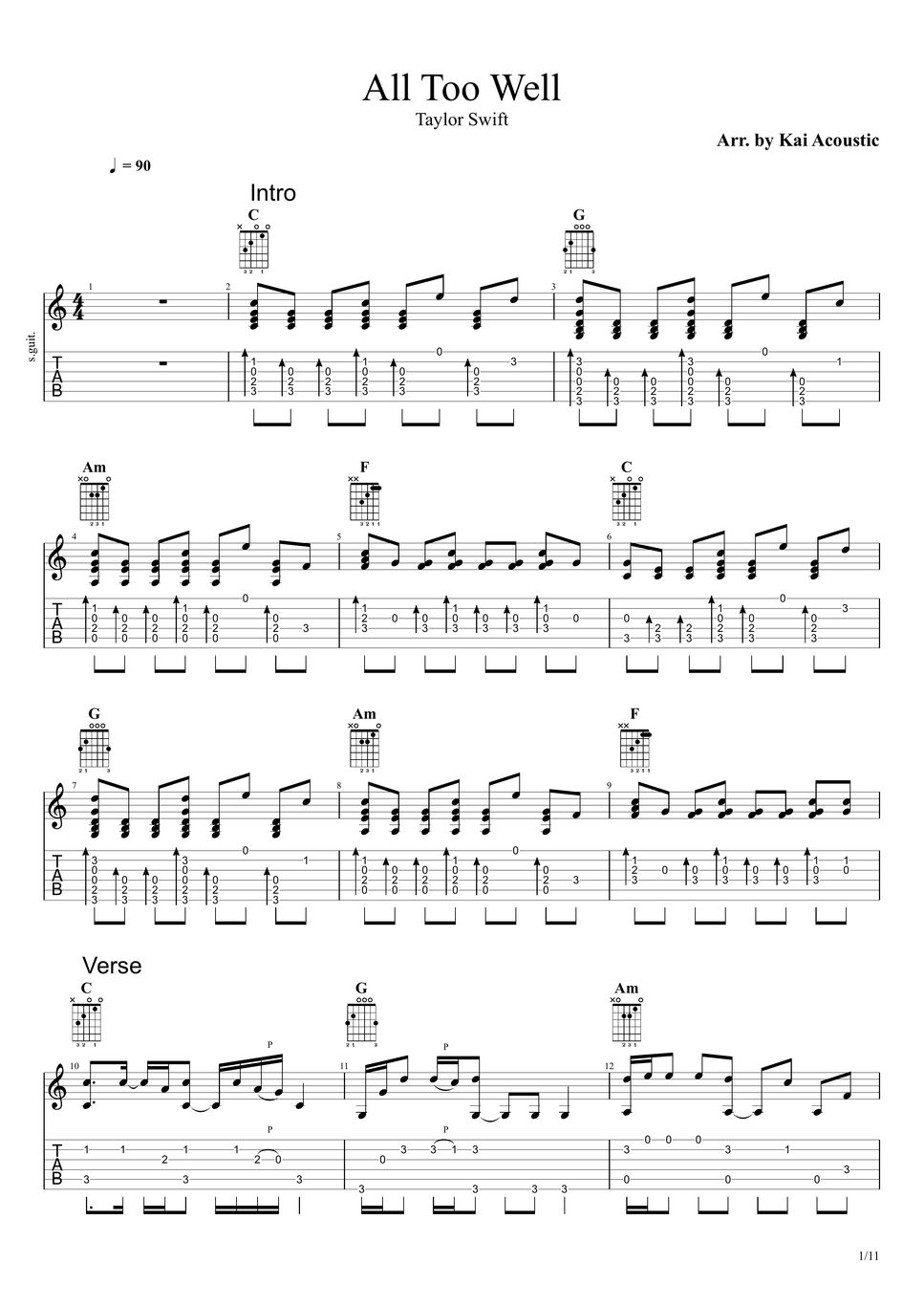 Taylor Swift All Too Well(Taylor Swift) Fingerstyle Guitar Tutorial TAB Tab + 1staff by Kai
