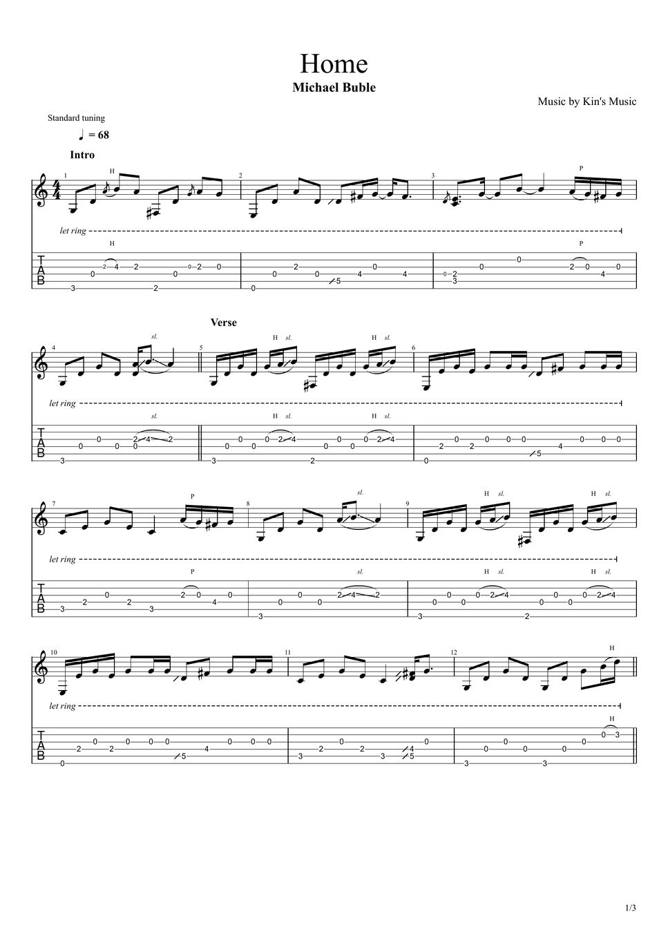 Michael Buble Home[Easy Guitar Fingerstyle For Beginner] TAB by Kin's