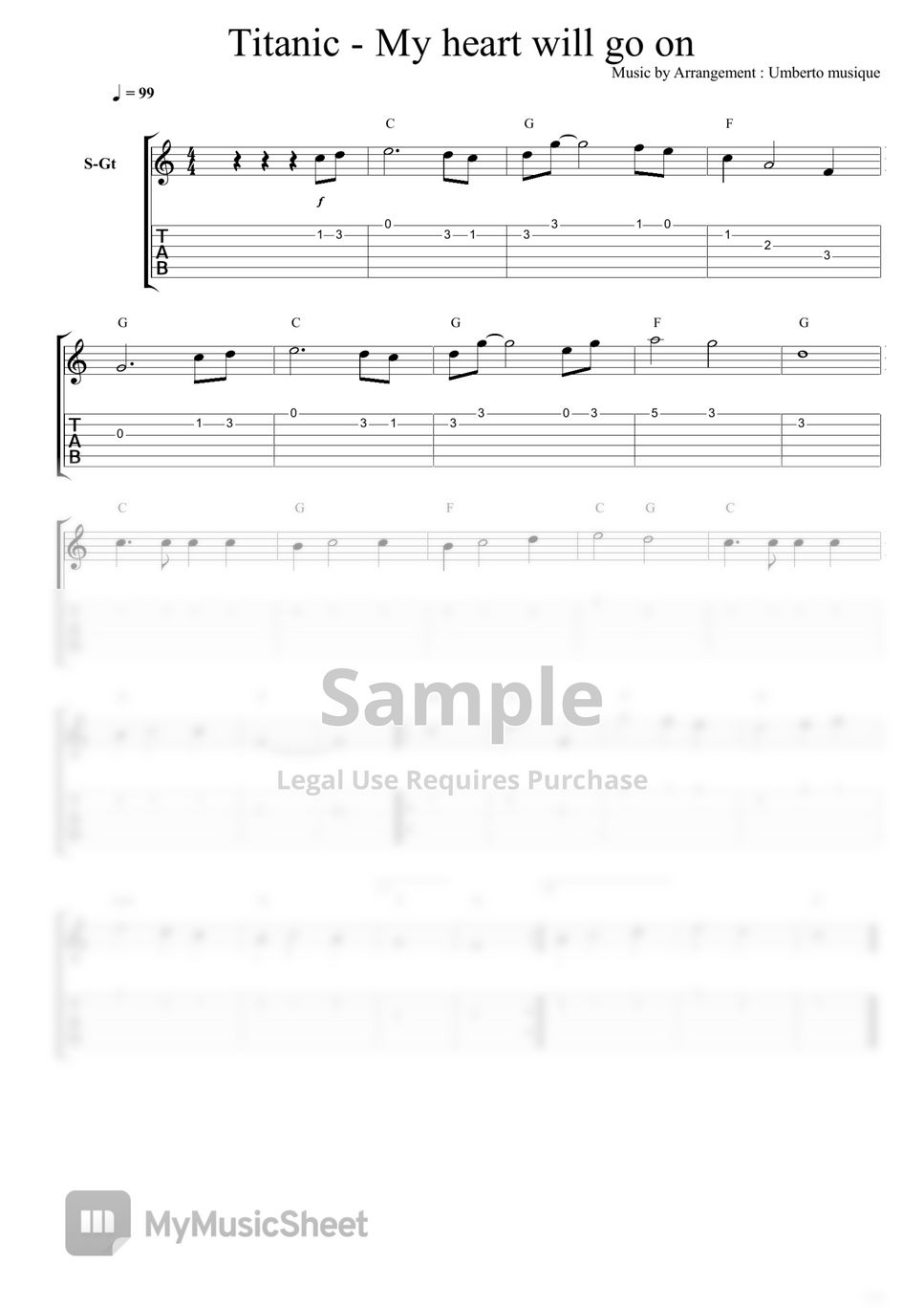Celine Dion My heart will go on Titanic Tab + 1staff by Mélodie et accords pour la guitare