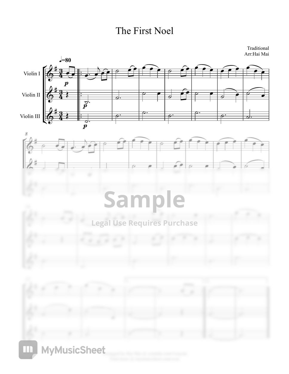 Traditional - The First Noel - For 3 parts Violin Ensemble by Hai Mai