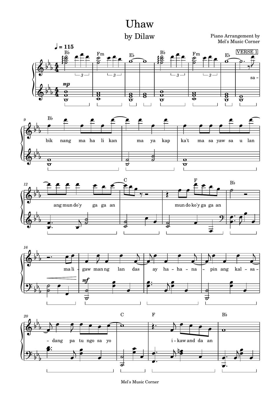 Dilaw - Uhaw (piano sheet music) Spartito by Mel's Music Corner