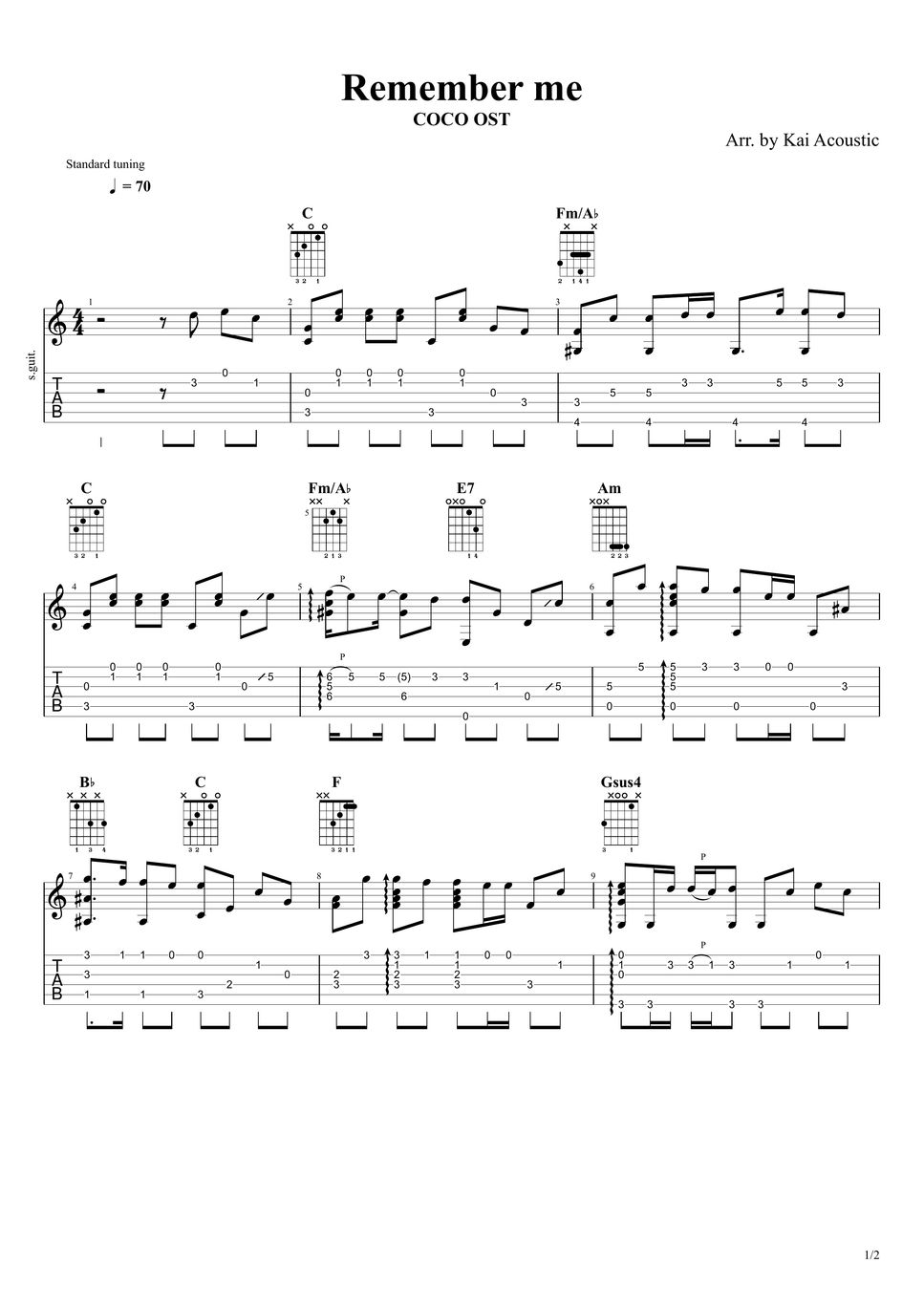 COCO OST Remember Me Fingerstyle Guitar Tutorial TAB Sheets by Kai