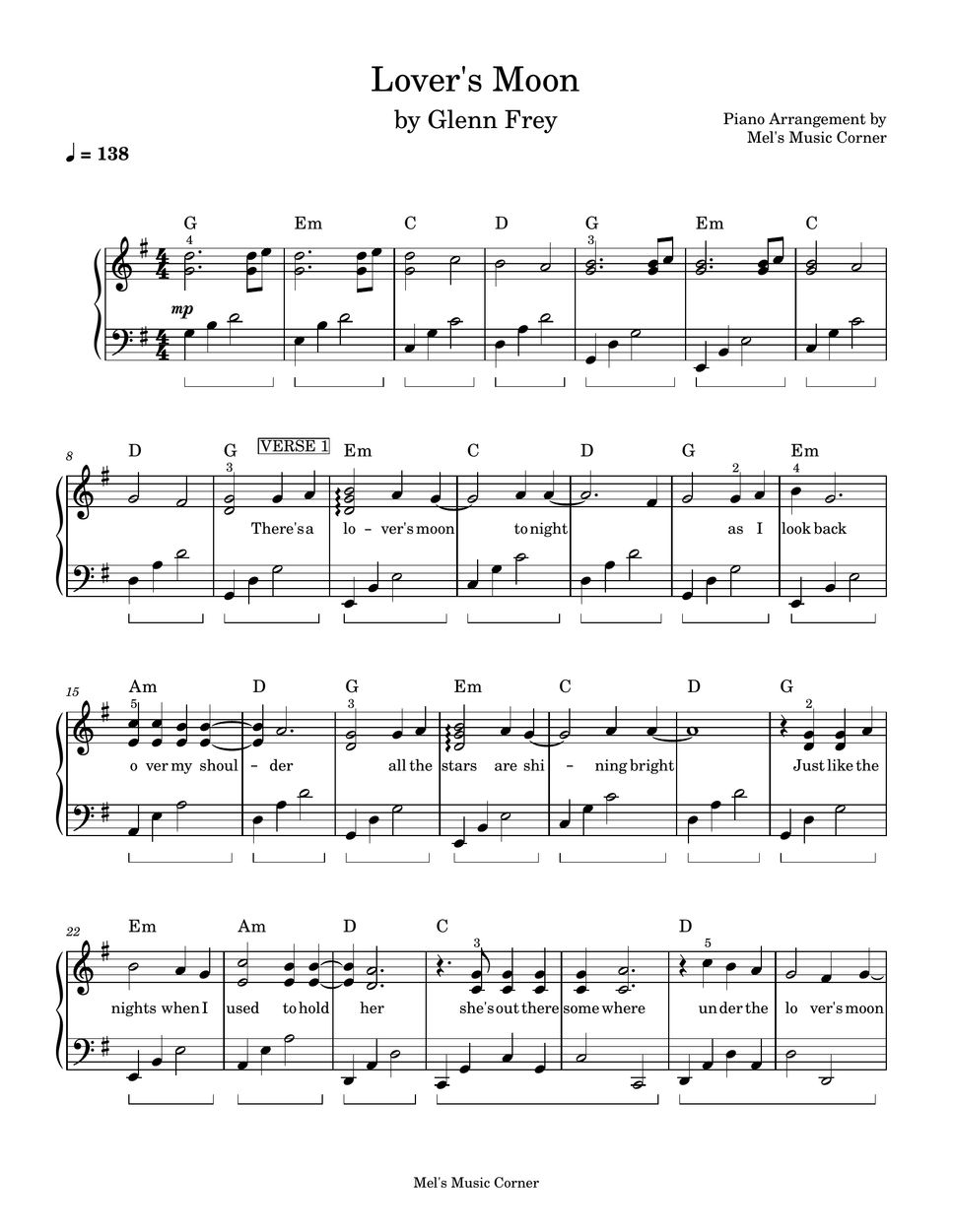 Glenn Frey - Lover's Moon (piano sheet music) by Mel's Music Corner