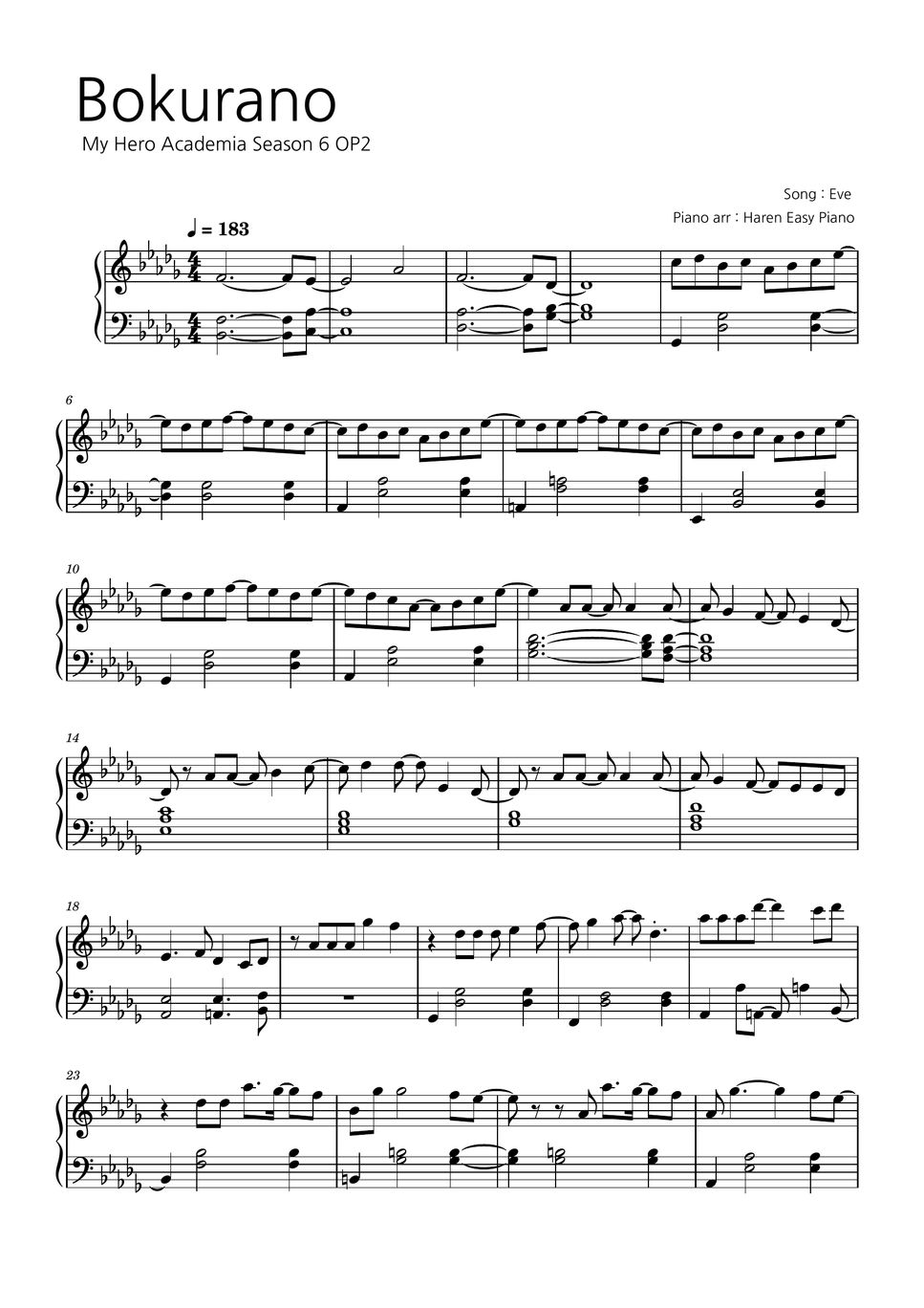 Eve Bokurano (My Hero Academia Season 6 OP2) Partitura by Haren Easy