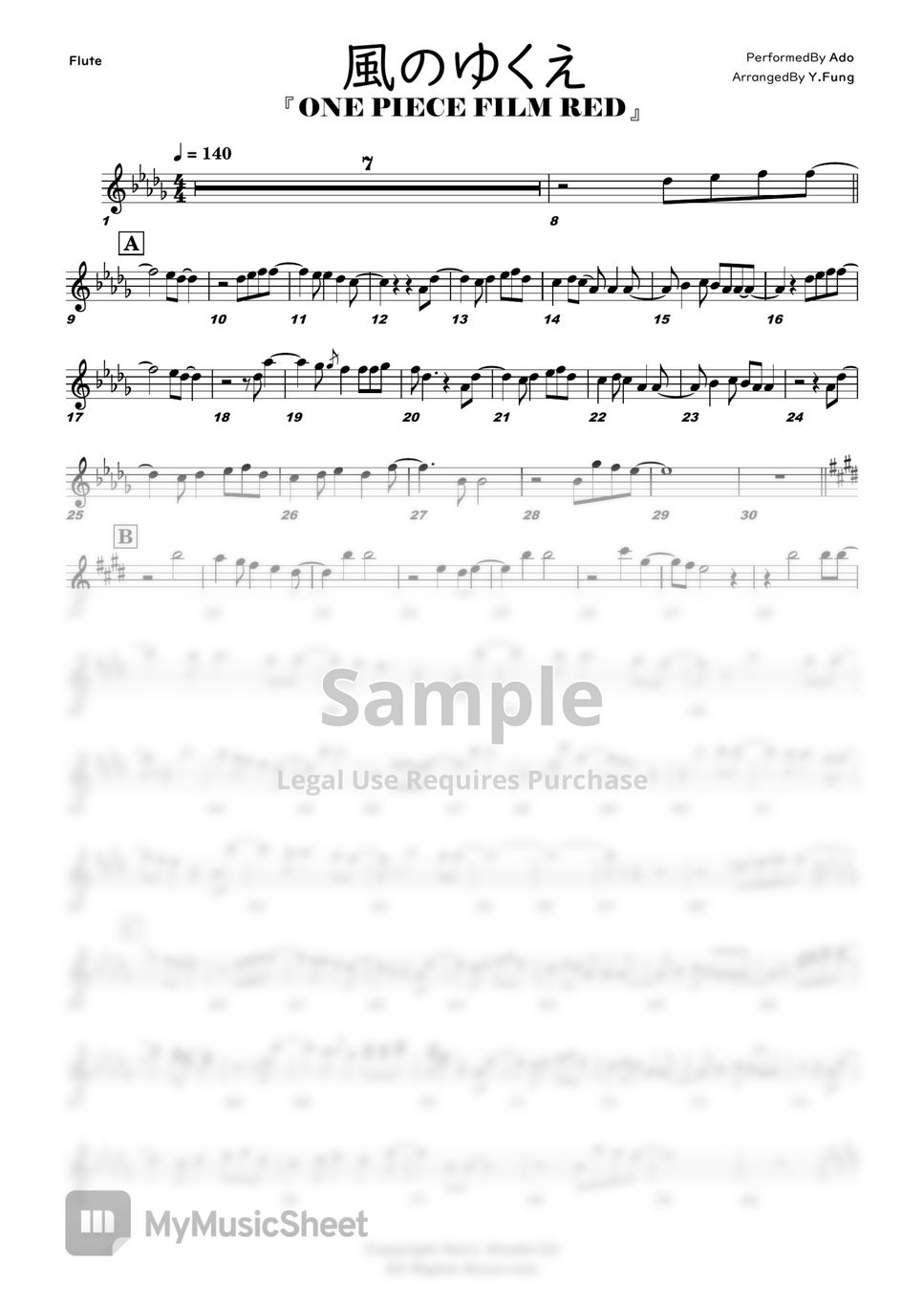 Onepiece FilmRed OST - Where the wind blows (C/ Bb/ F/ Eb Solo Sheet Music) by FungYip