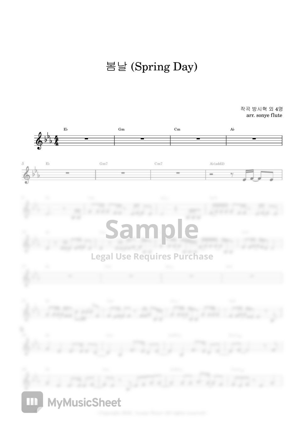 BTS - Spring Day 봄날 (Flute Sheet Music) by sonye flute