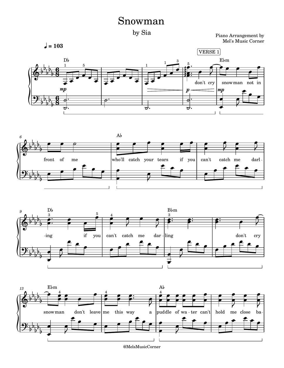 Sia - Snowman (piano sheet music) Sheets by Mel's Music Corner