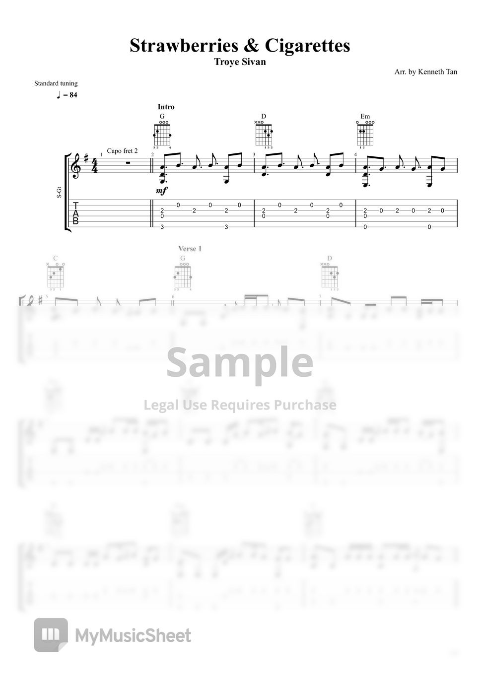 Troye Sivan Fingerstyle Guitar Strawberries & Cigarettes Sheets by