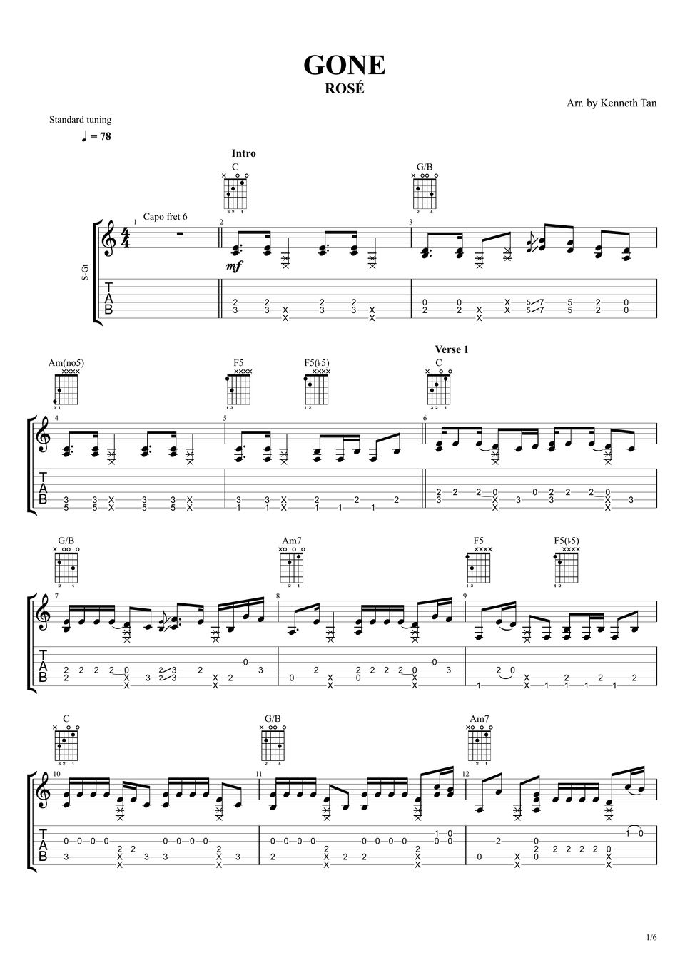 ROSÉ Fingerstyle Guitar GONE TAB by Acoustic