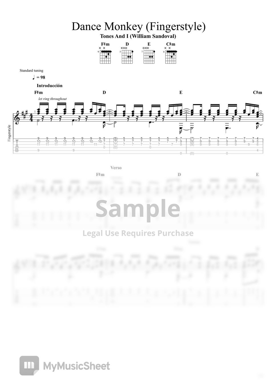 TONES AND I Dance Monkey (Fingerstyle) Tab + 1staff by William Sandoval