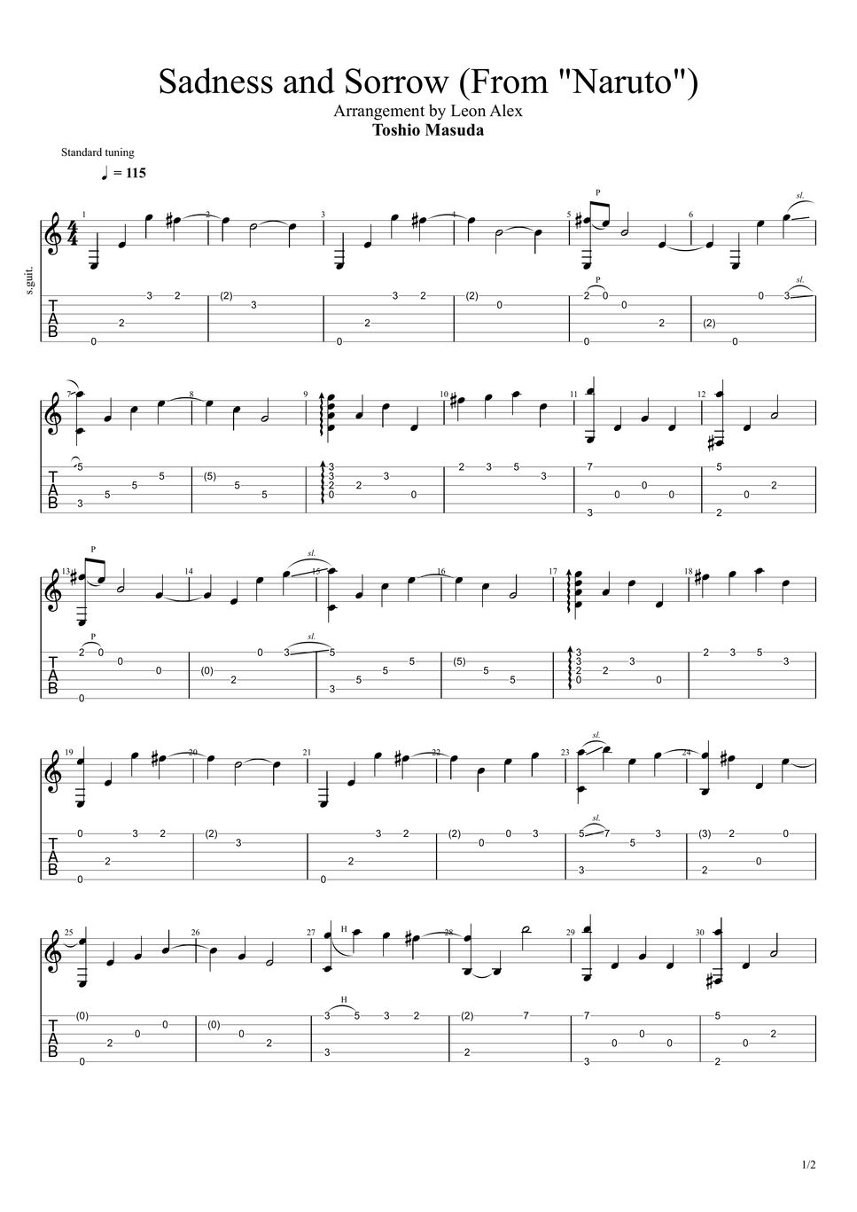 Toshio Masuda Sadness And Sorrow From Naruto Fingerstyle Sheet By Leon Alex