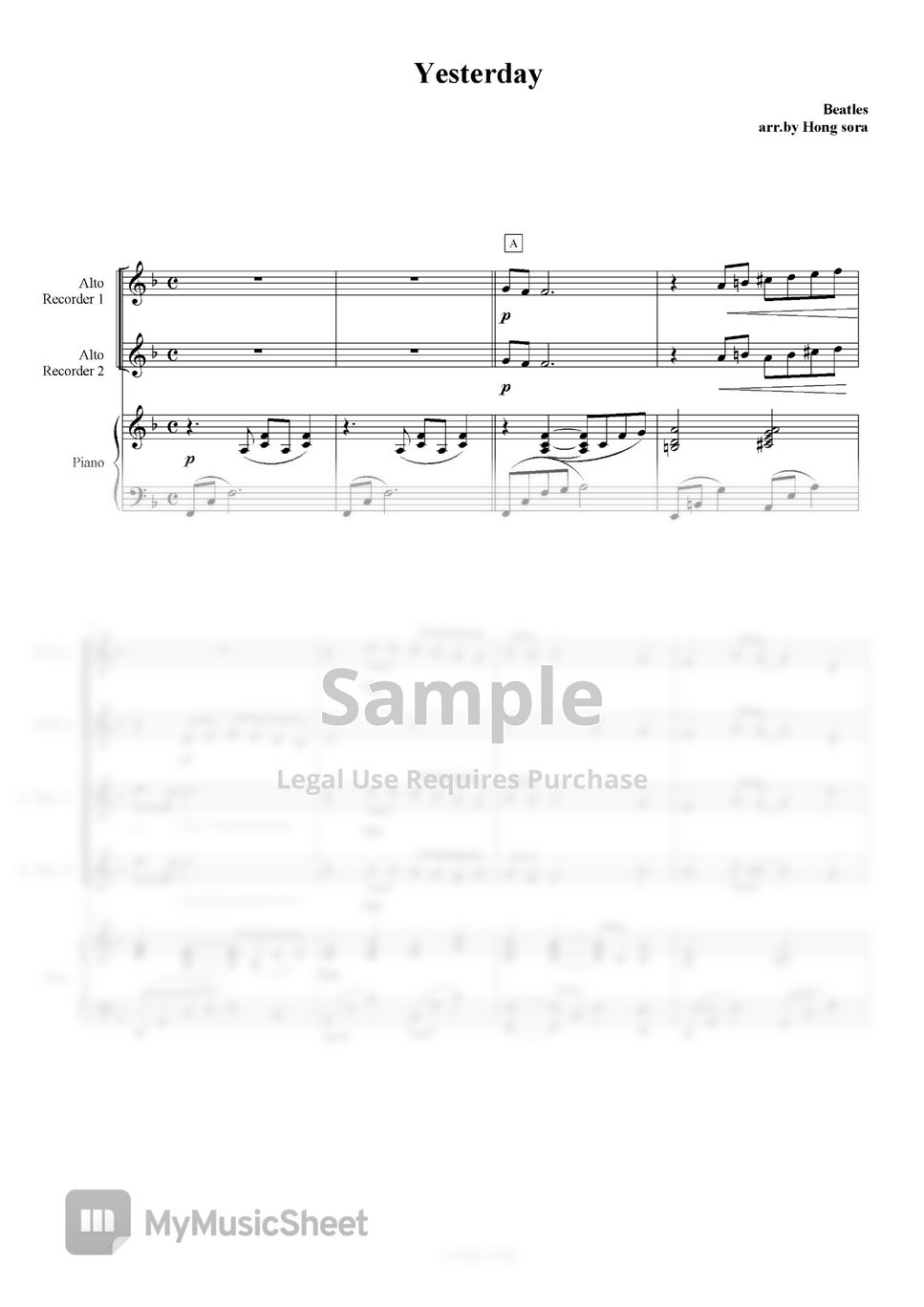 비틀즈(Beatles) - Yesterday 합주(리코더1,2,알토리코더1,2피페1,2,피아노) by soraHong