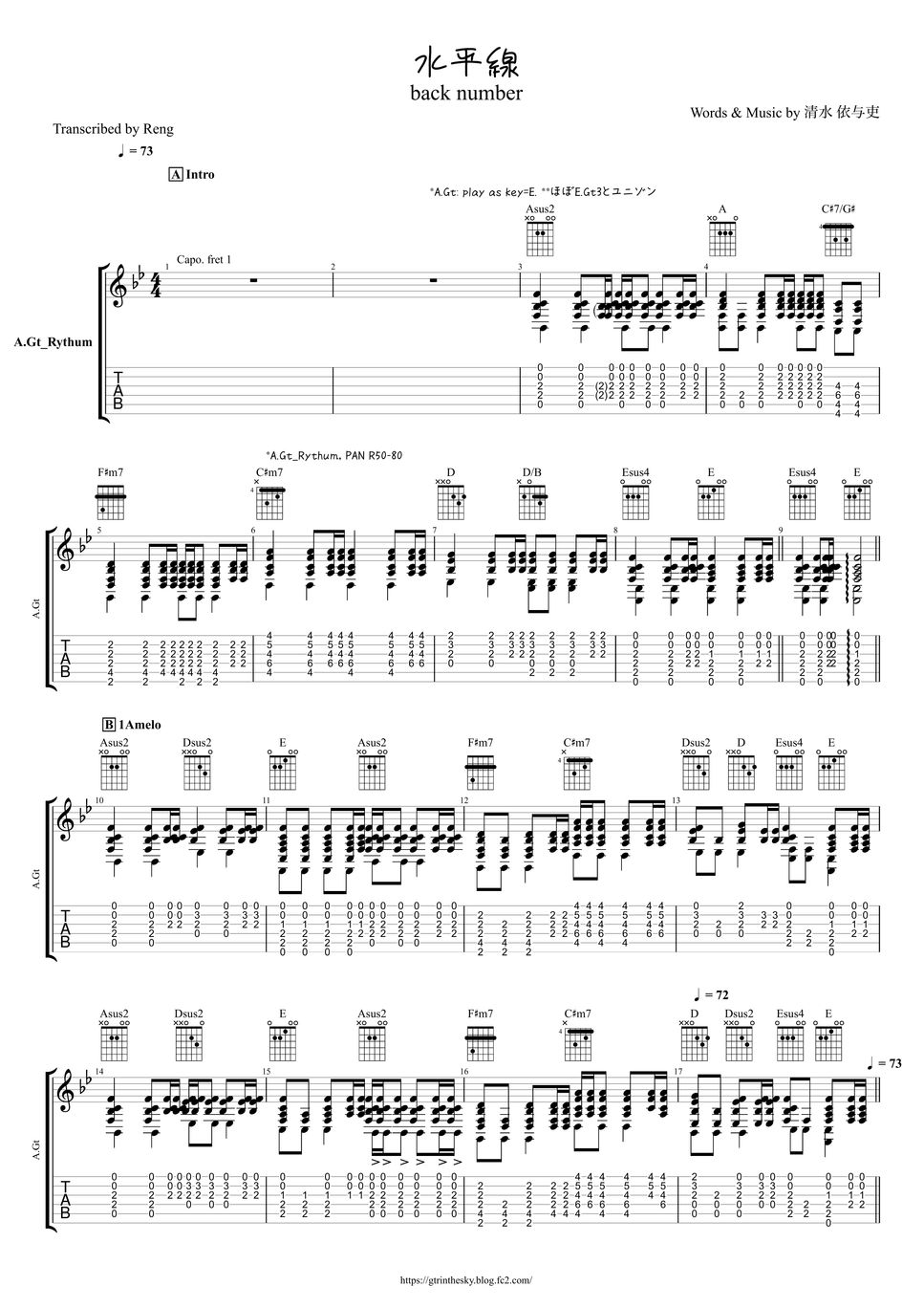 back number - 水平線 (A.Gt/capo1/TAB譜) アコースティックギタータブ