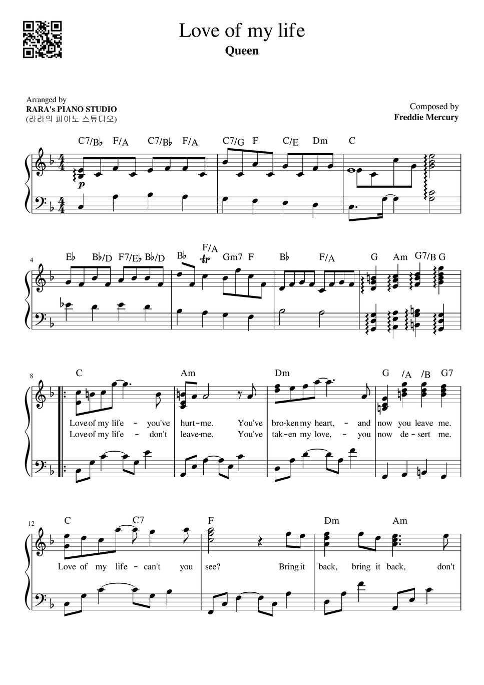 Queen - Love Of My Life (FMajor) Sheets by RARA's PIANO STUDIO