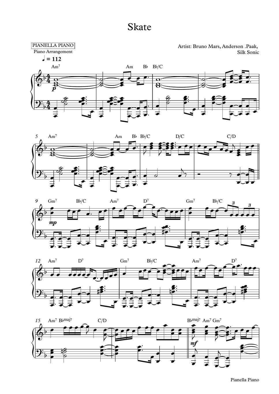 Bruno Mars, Anderson .Paak, Silk Sonic Skate Sheet by Pianella Piano