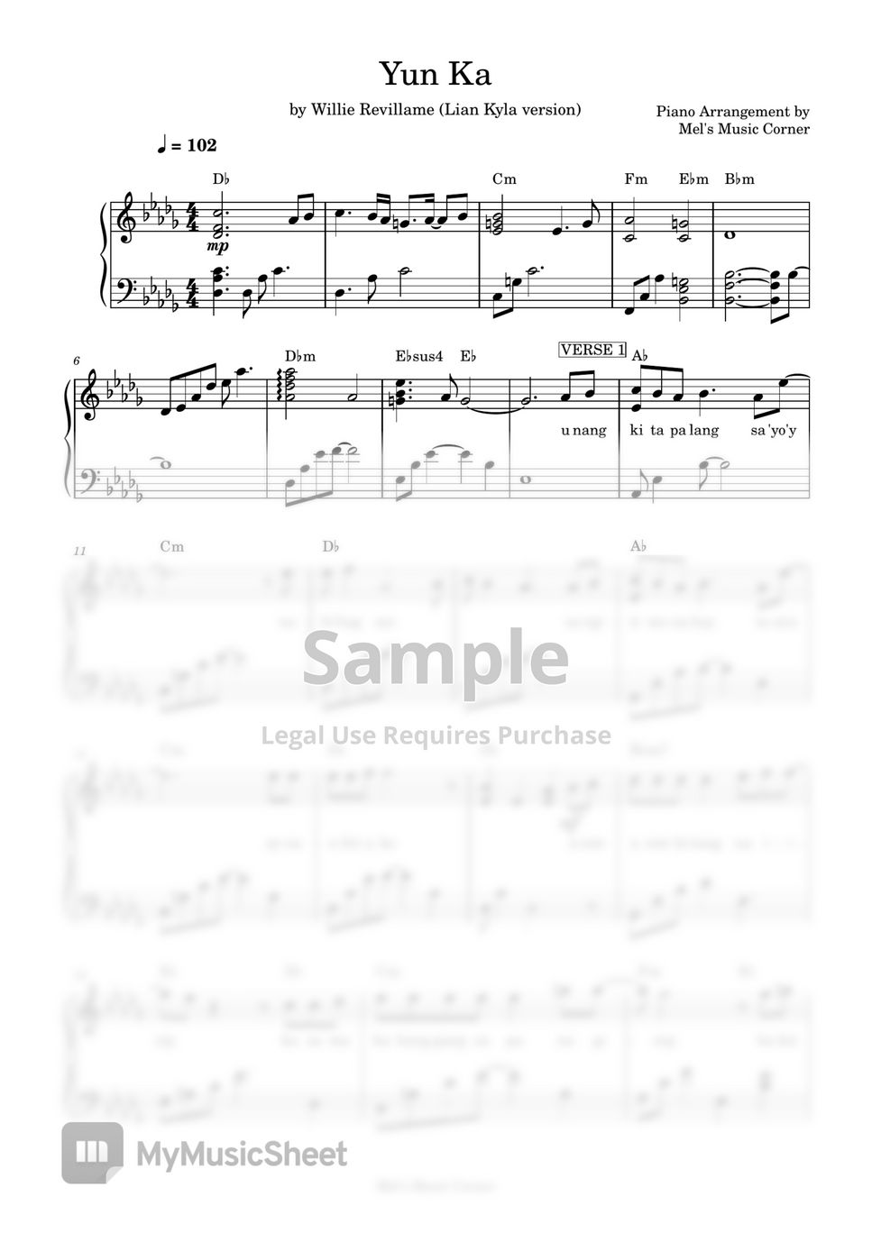 Wille Revillame (Lian Kyla version) - Yun Ka (piano sheet music) by Mel's Music Corner