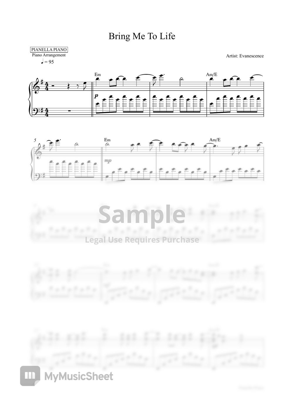 Evanescence - Bring Me To Life (Piano Sheet) by Pianella Piano