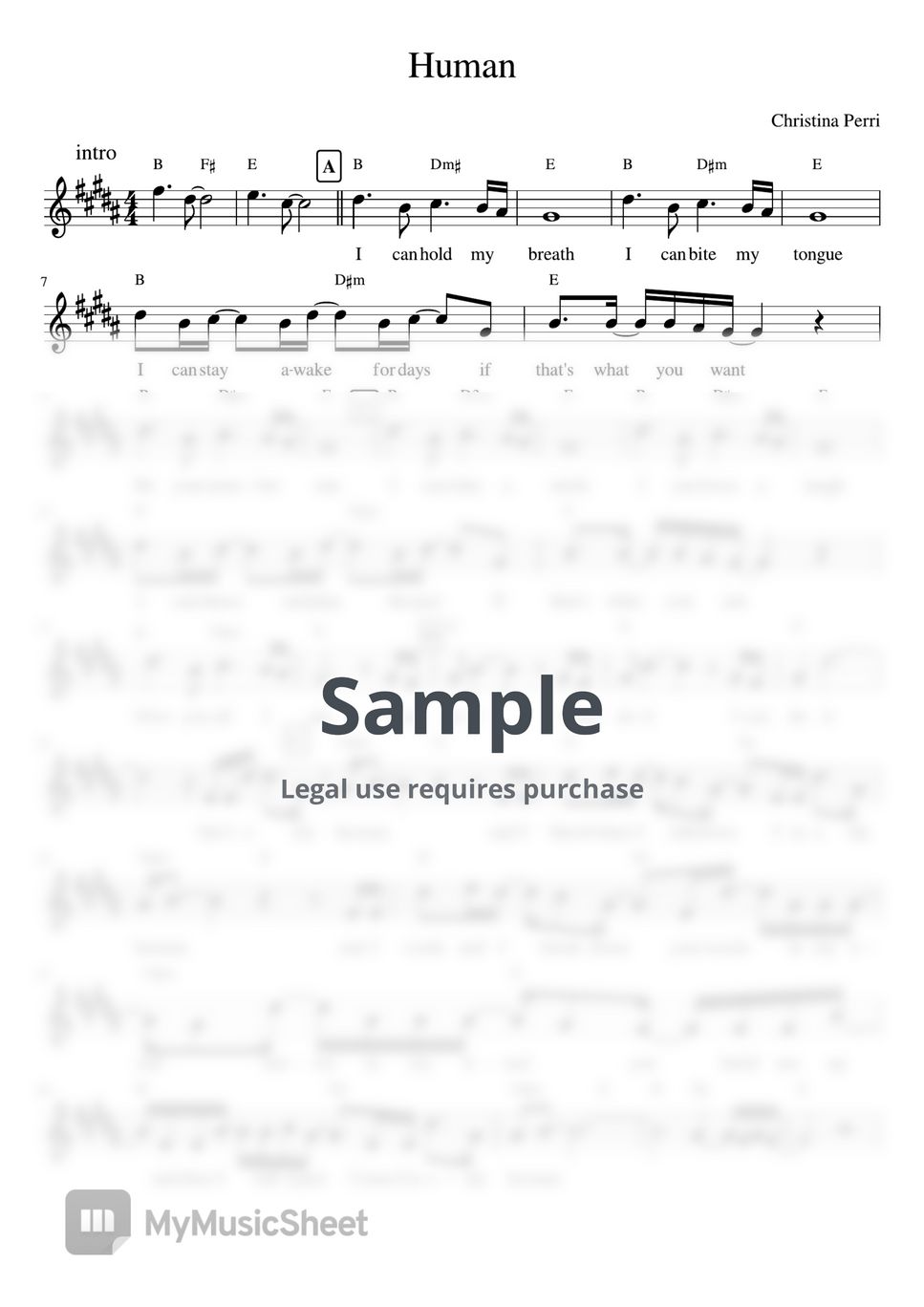 Christina Perri - Human (ピアノ/コード/ヴォーカル) Vocal Sheet Music PDF | AsukA818 |  mymusic5, image size:967x1368