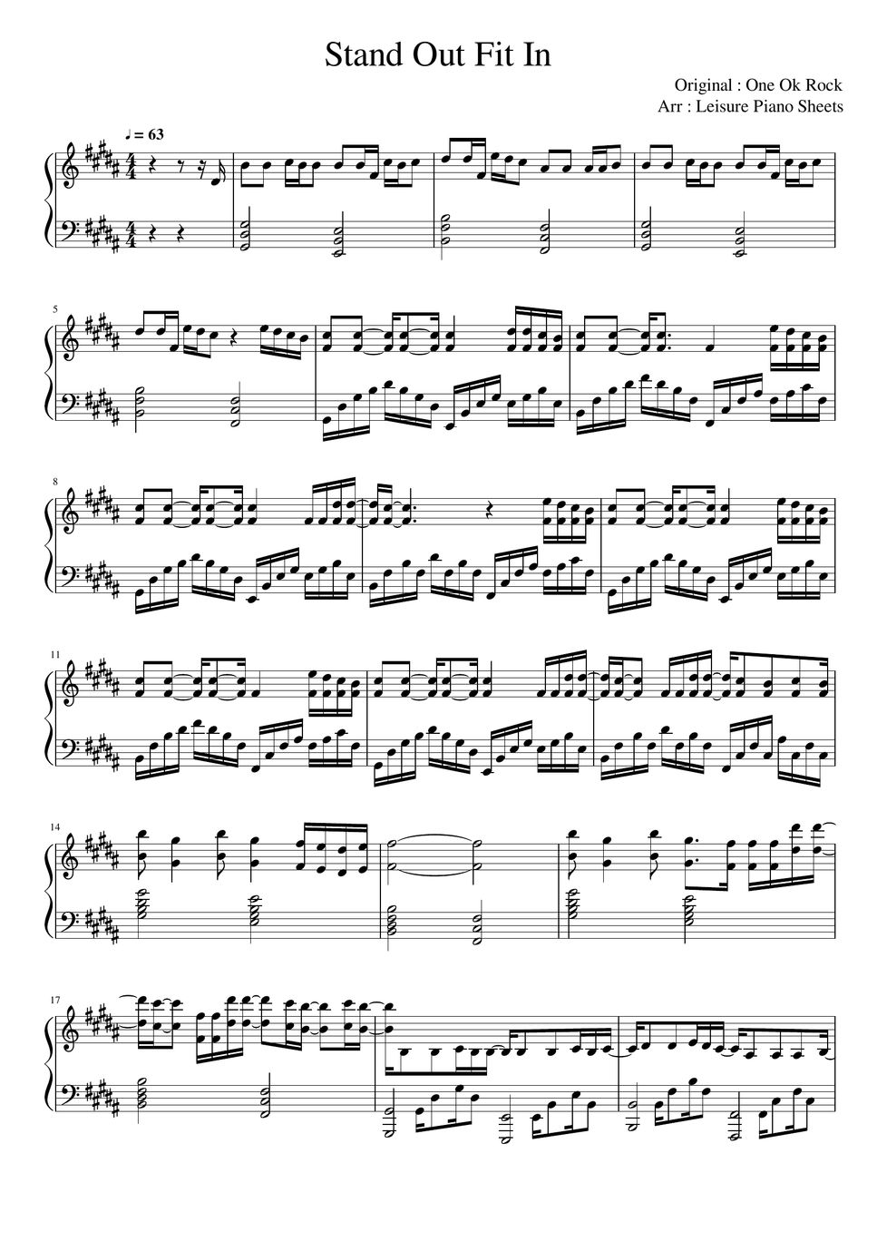 ONE OK ROCK Stand Out Fit In 楽譜 by Leisure Piano Sheets