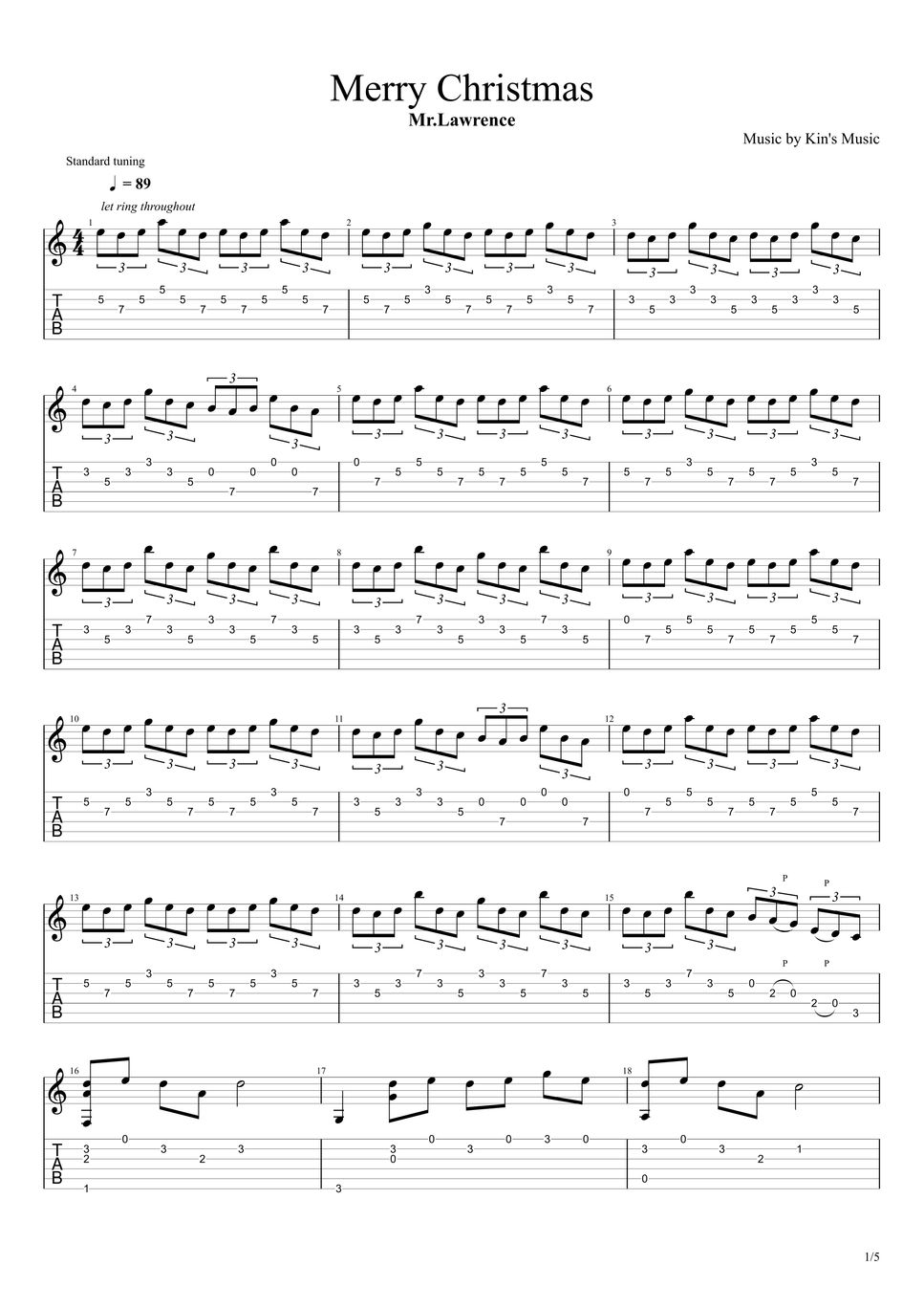 Mr Lawrence Merry Christmas[easy Guitar Fingerstyle For Beginner] 악보