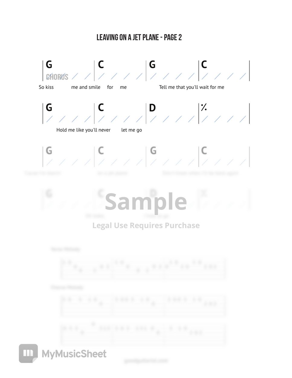 John Denver Leaving On A Jet Plane Chords & Strumming + Melody 악보 by