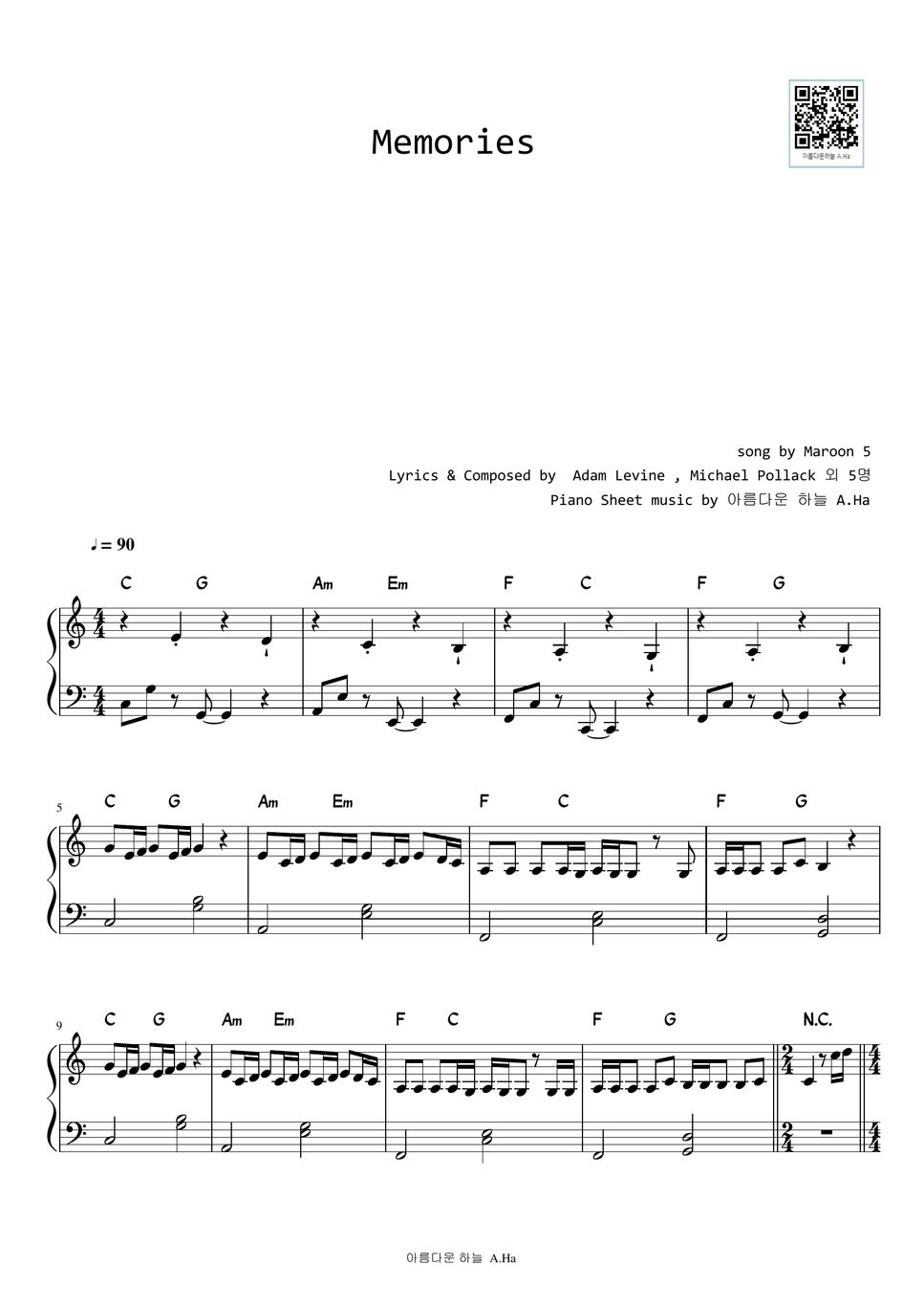 Maroon 5 - Memories (Easy Version) Sheet by A.Ha