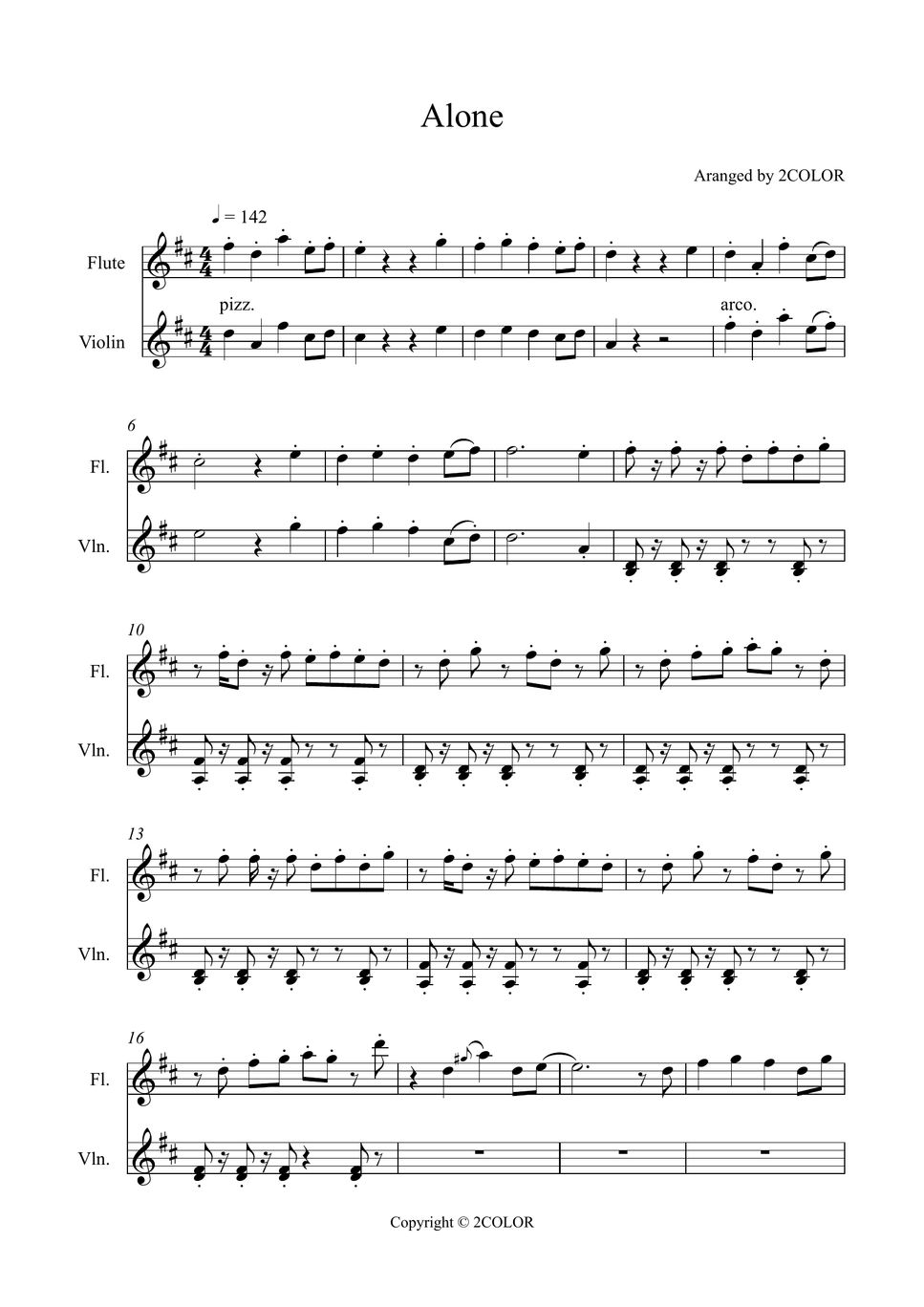 DJ.Marshmello Alone (VIOLIN, FLUTE) 악보 by 2COLOR