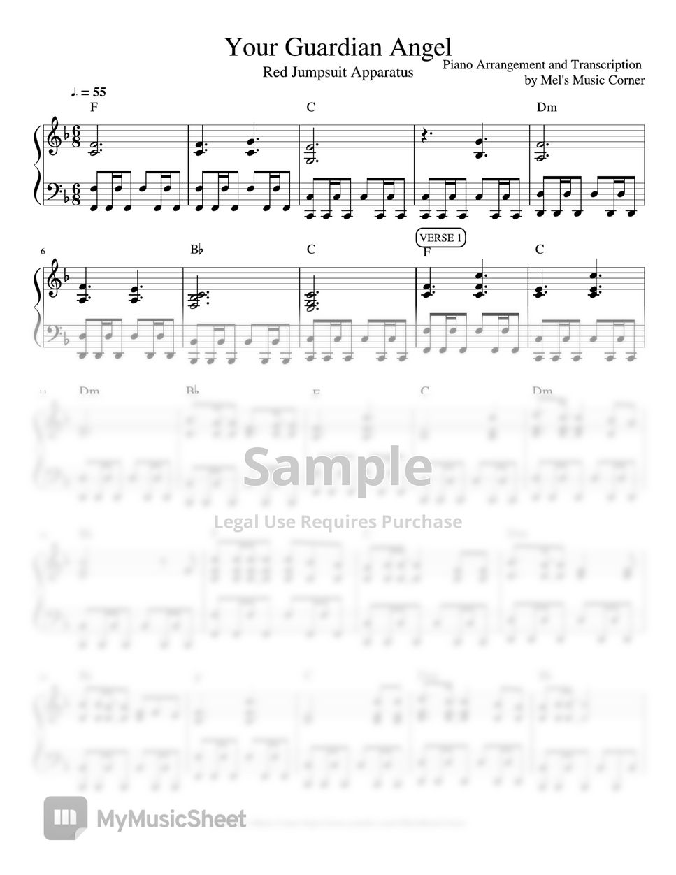 Red Jumpsuit Apparatus - Your Guardian Angel (piano sheet music) by Mel's Music Corner