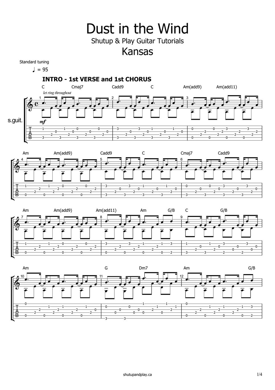 Kansas Dust In The Wind Sheets By Shutup And Play Guitar Tutorials 