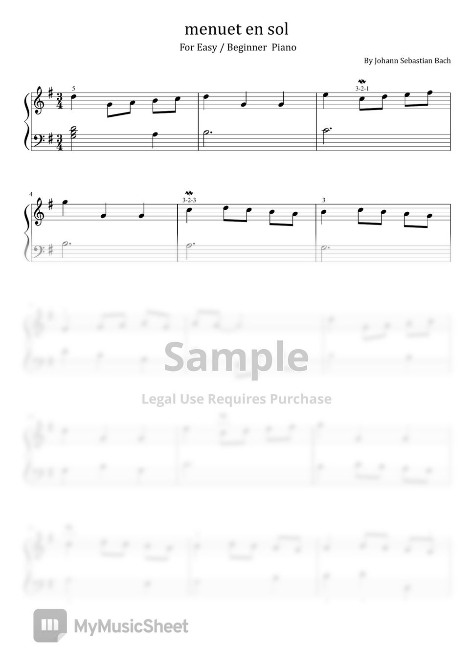 Johann sebastian bach menuet en sol for easy beginner piano with