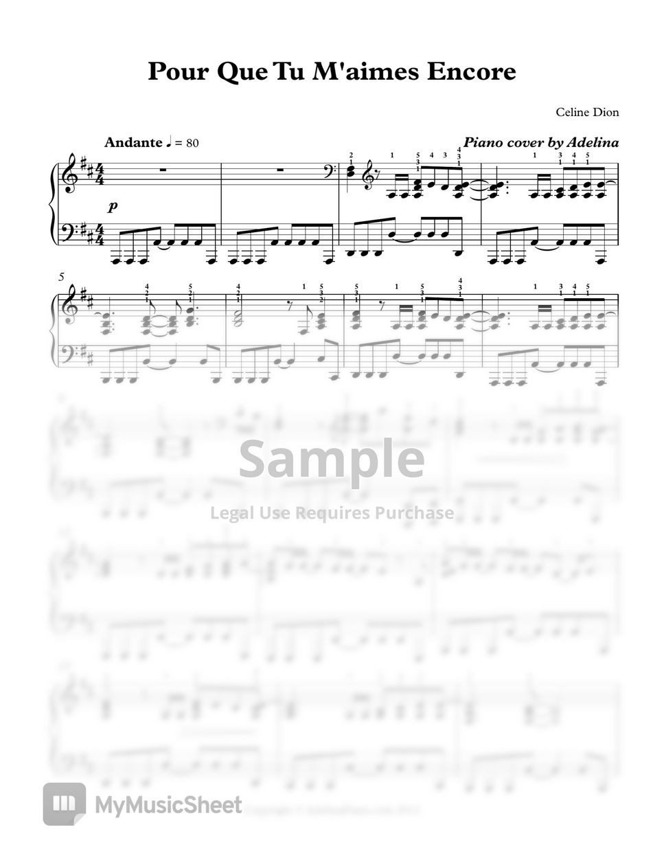 Celine Dion Pour Que Tu M’aimes Encore 악보 by Adelina Piano