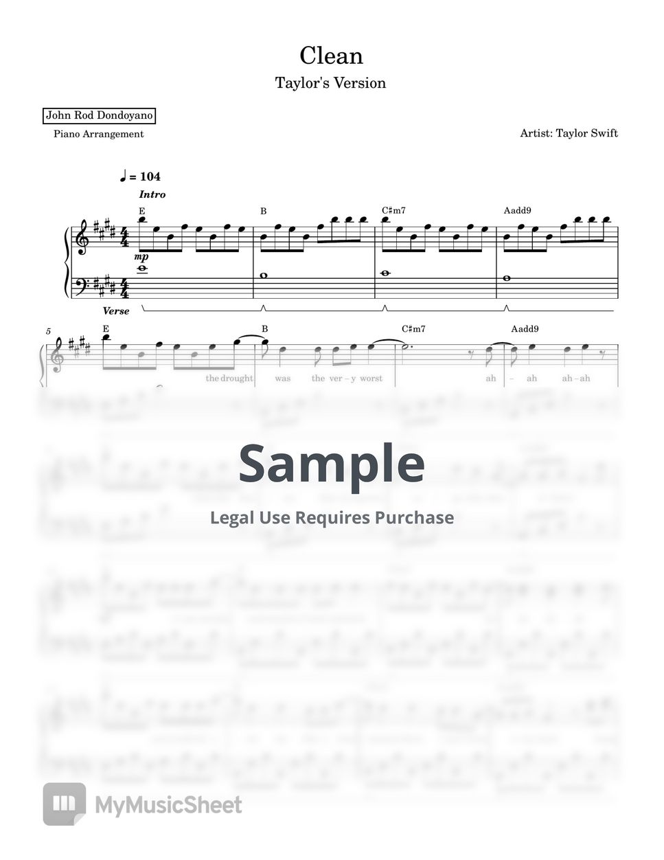 Taylor Swift Clean (Taylor's Version)(PIANO SHEET) Sheets by John Rod