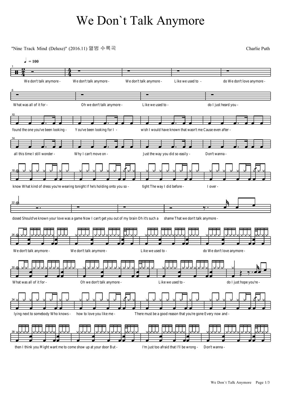 Charlie puth we dont talk anymore sheet by copydrum
